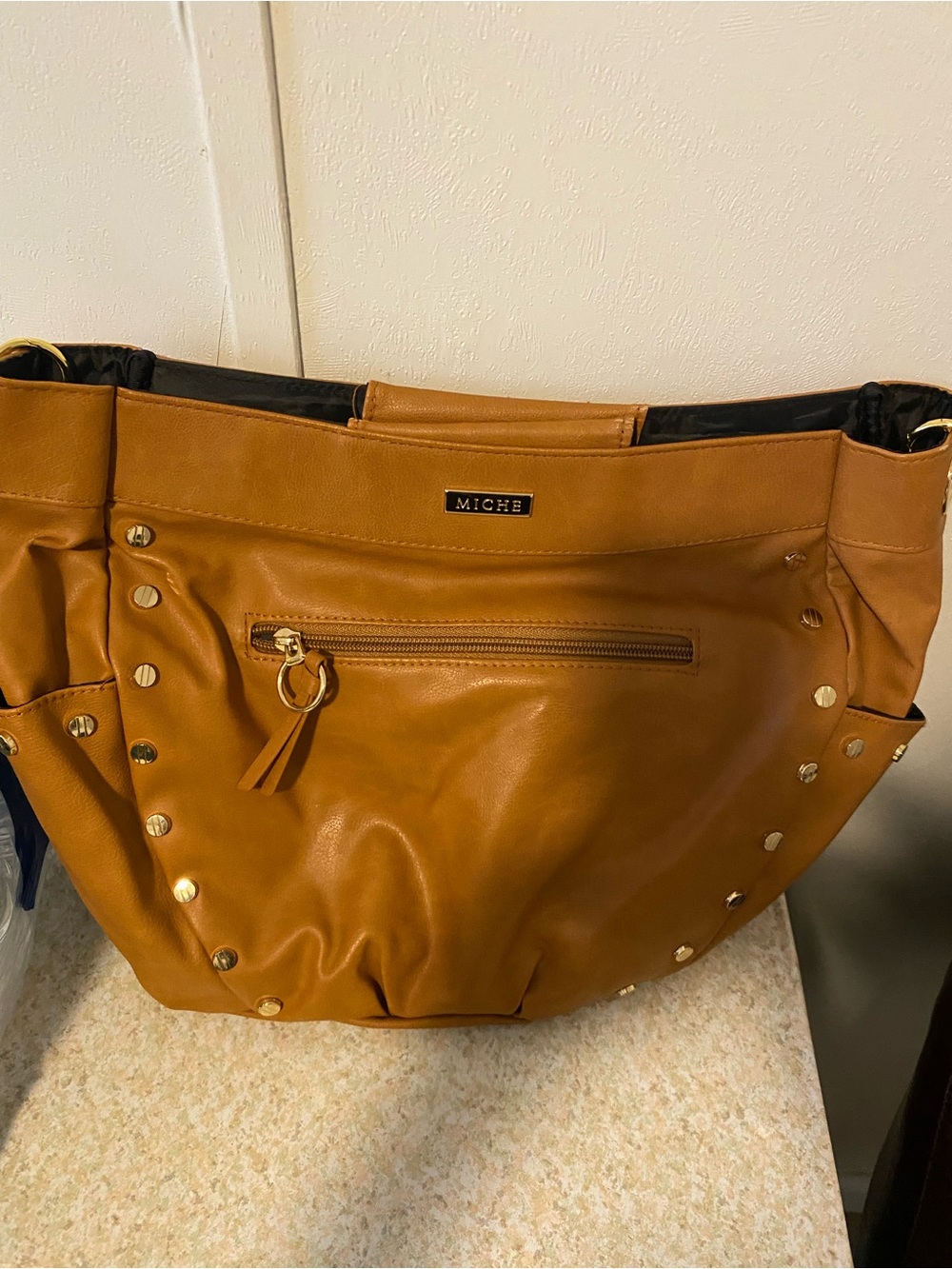 Miche Shell  in Cognac Brown with Gold Studs